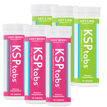Multiple bottles of KSPTabs dietary supplements in key lime and very berry flavors on a white background.