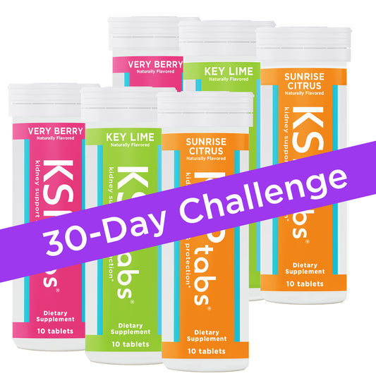 Multiple bottles of KSPtabs dietary supplements with a 30-Day Challenge banner.
