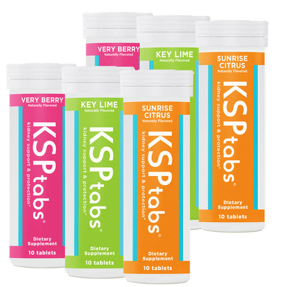 Four bottles of KSPTabs dietary supplements in different flavors on a white background
