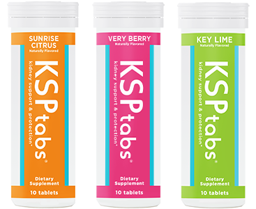 Three bottles of KSPTabs with different flavors on a white background