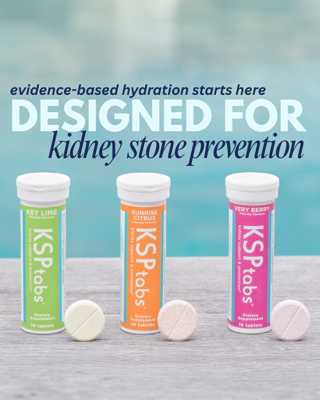 Three bottles of KSPTabs with tablets on a gray surface and blue background, featuring text about kidney stone prevention.
