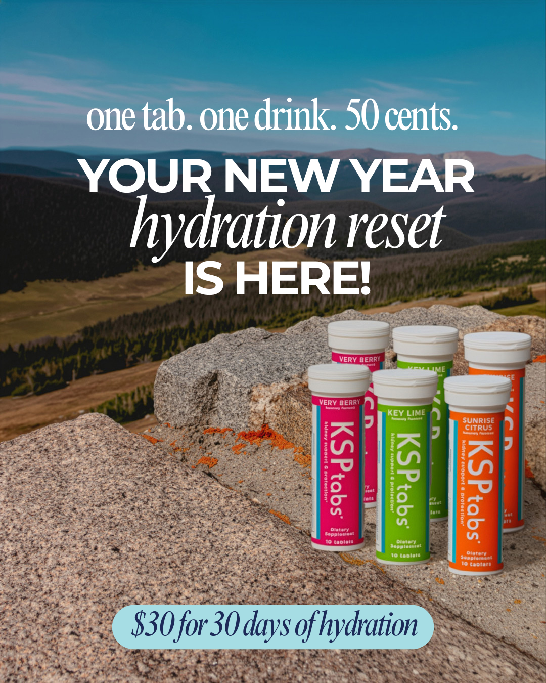 KSP tabs packaging on a rock with scenic background and promotional text.