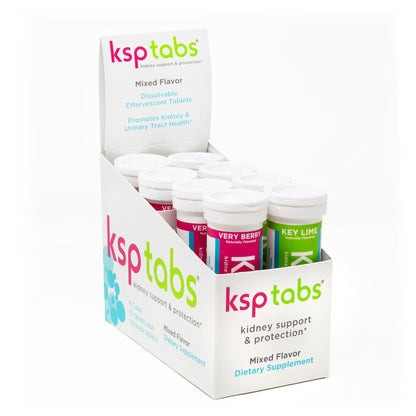 Display of ksptabs dietary supplement tubes with a white background