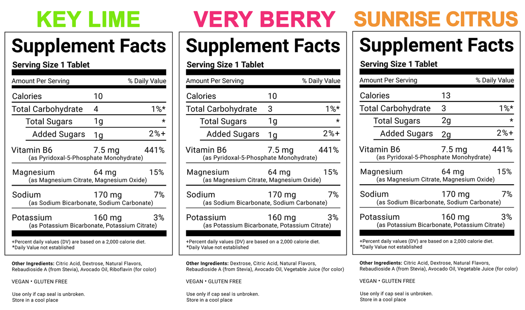 Three supplement labels for Key Lime, Very Berry, and Sunrise Citrus flavors with supplement facts.