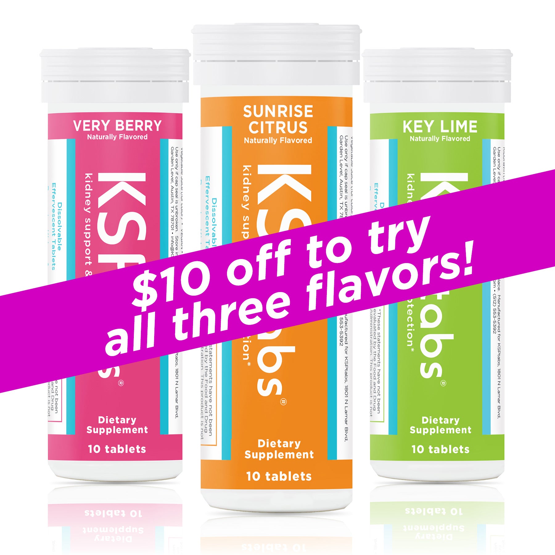 Three supplement bottles labeled 'Very Berry', 'Sunrise Citrus', and 'Key Lime' with promotional text overlay.