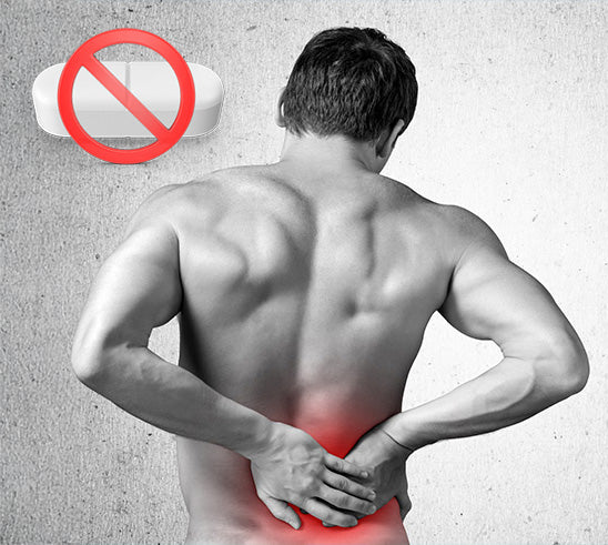 Man with back pain holding his lower back, with a 'no pill' symbol above him.