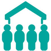 Icon of five people under a roof, symbolizing a family or community.