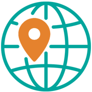 Icon of a globe with an orange location pin on a white background
