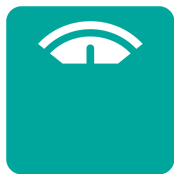 Teal square with a white icon resembling a scale on a blue background